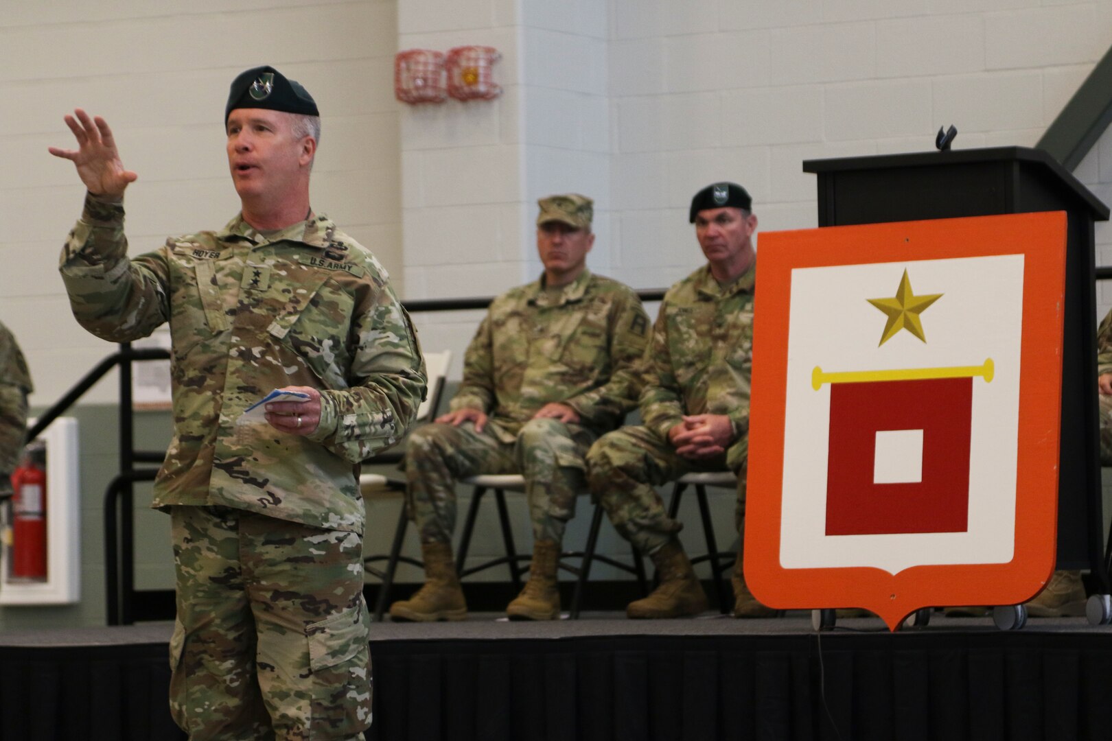 Maj. Gen. James Hoyer, the Adjutant General of the West Virginia National Guard address Soldiers of the 620th Signal Company during a color casing ceremony held Aug. 5, 2018, at the Hershel “Woody” Williams Armed Forces Reserve Center in Fairmont, West Virginia. The color casing ceremony marked the company’s deactivation after nine years of providing enhanced Warfighter Information Network-Tactical capabilities to missions around the state and the world. (U.S. Army National Guard photo by Sgt. Zoe Morris)