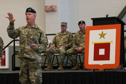 Maj. Gen. James Hoyer, the Adjutant General of the West Virginia National Guard address Soldiers of the 620th Signal Company during a color casing ceremony held Aug. 5, 2018, at the Hershel “Woody” Williams Armed Forces Reserve Center in Fairmont, West Virginia. The color casing ceremony marked the company’s deactivation after nine years of providing enhanced Warfighter Information Network-Tactical capabilities to missions around the state and the world. (U.S. Army National Guard photo by Sgt. Zoe Morris)