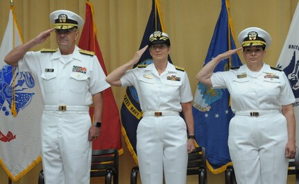(From left) Vice Adm. Forrest Faison, Navy Surgeon General; Rear Adm. Tina Davidson, commander, Navy Medicine Education, Training and Logistics Command commander; and retired Rear Adm. Rebecca McCormick-Boyle, former NMETLC Commander.