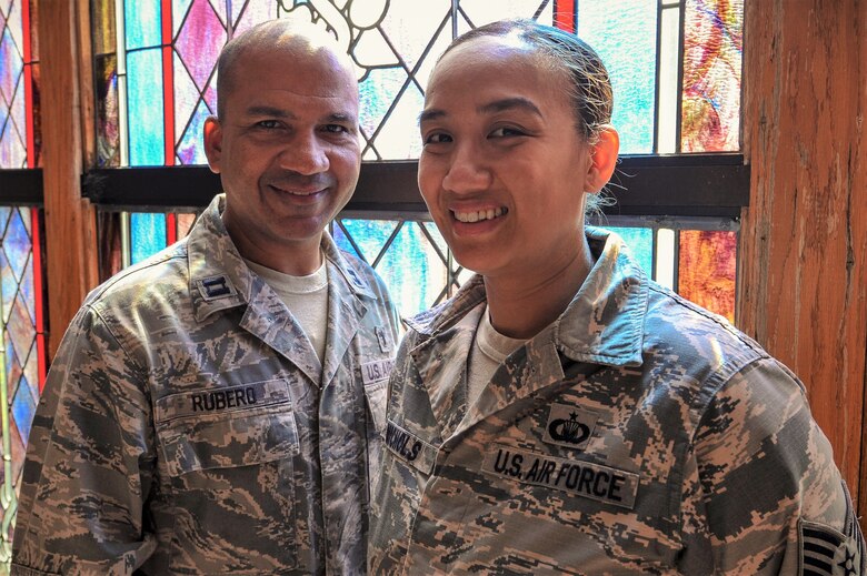 U.S. Air Force Chaplain (Capt.) Eddie Rubero, 20th Fighter Wing (FW) chaplain, left, and Staff Sgt. Quyen Nichols, 20th FW chapel noncommissioned officer in charge of training and readiness, stand for a photo at Shaw Air Force Base, S.C., Aug. 2, 2018.