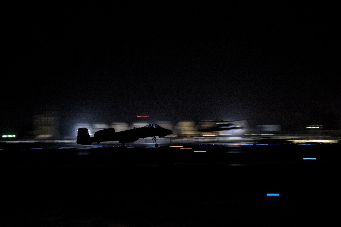 An Air Force A-10C Thunderbolt II takes off on a mission.