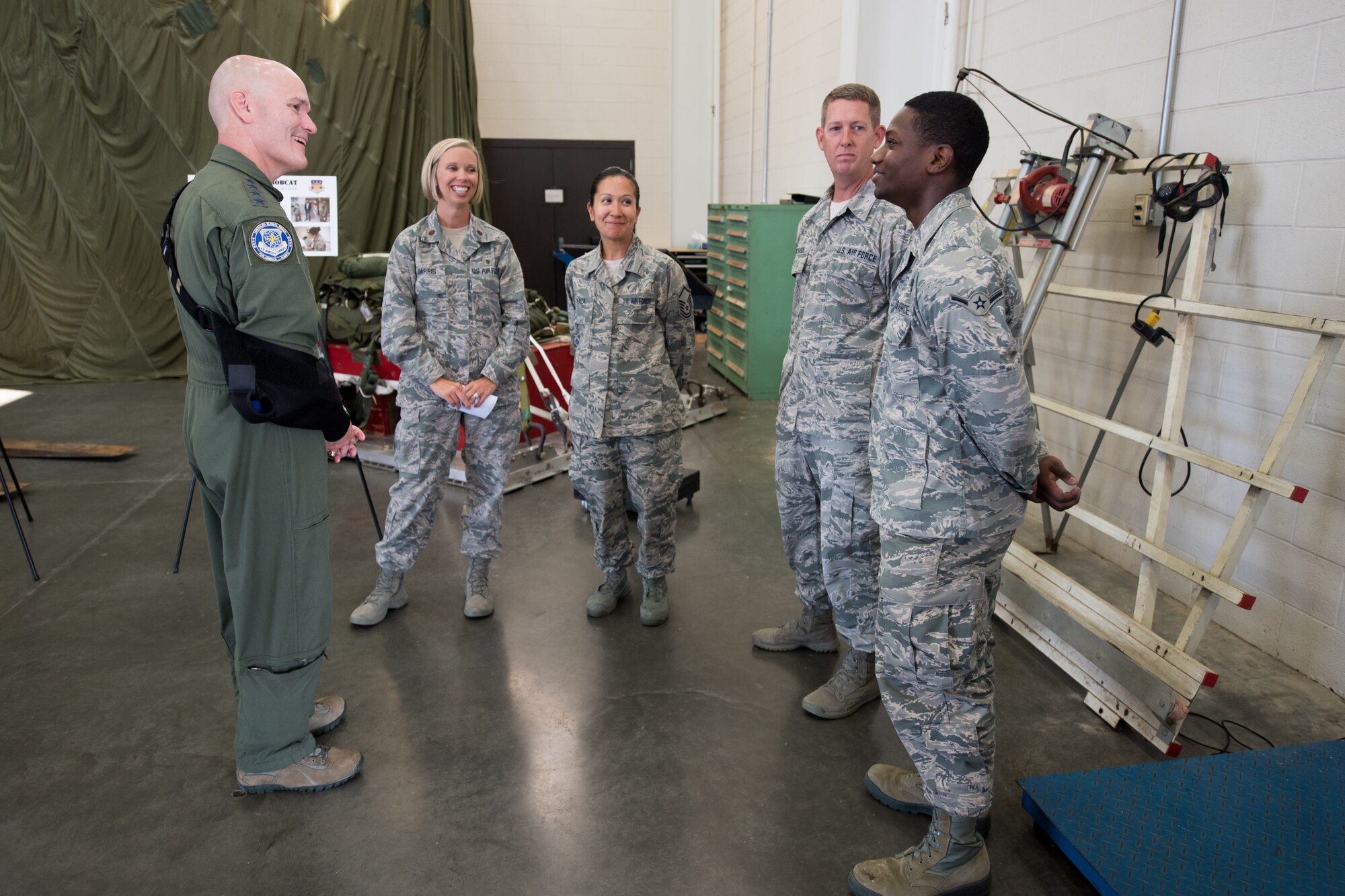The commander of Air Mobility Command, Gen. Carlton D. Everhart II (left), speaks with Airmen from the 123rd Medical Group during a tour of the Kentucky Air National Guard Base in Louisville, Ky., Aug. 3, 2018. The group recently completed a field exercise that provided more than $1 million worth of no-cost health care to residents of Eastern Kentucky. (U.S. Air National Guard photo by Master Sgt. Phil Speck)