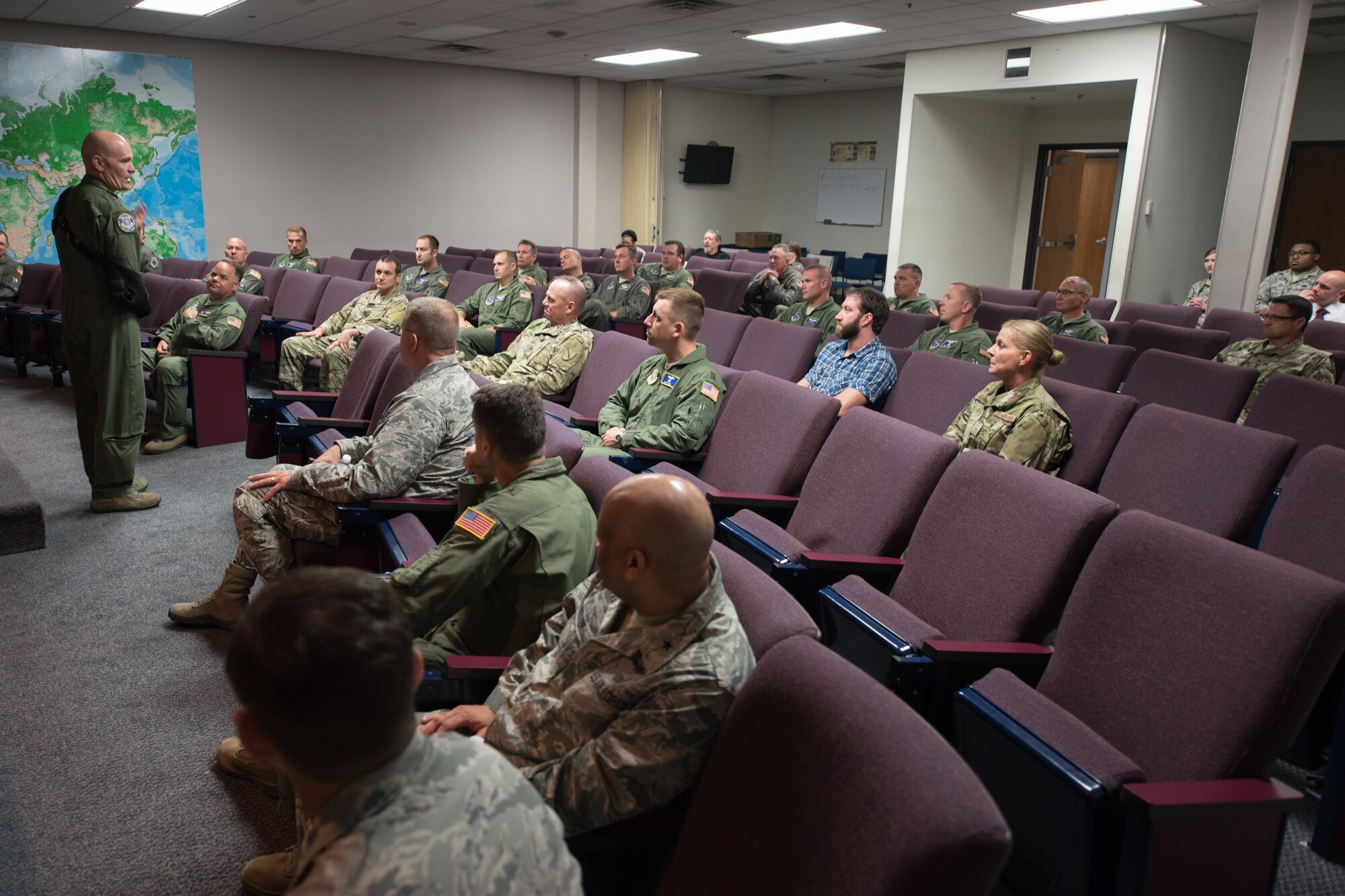 The commander of Air Mobility Command, Gen. Carlton D. Everhart II (left), speaks with Airmen from the 123rd Airlift Wing during a tour of the Kentucky Air National Guard Base in Louisville, Ky., Aug. 3, 2018. The wing is home to 1,200 Airmen and eight C-130H Hercules aircraft. (U.S. Air National Guard photo by Master Sgt. Phil Speck)