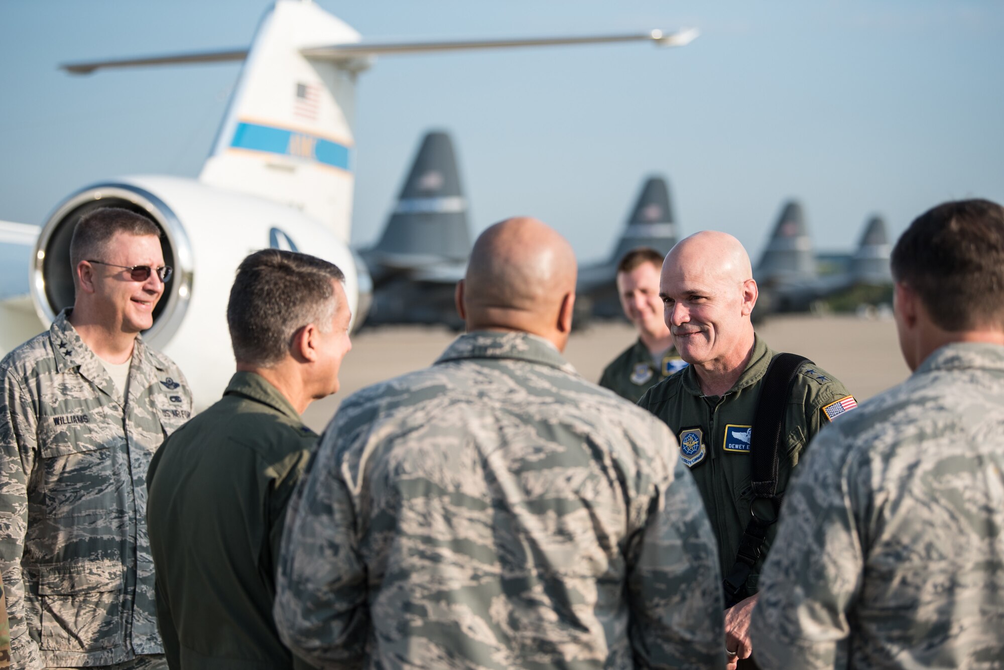 The commander of Air Mobility Command, Gen. Carlton D. Everhart II (second from right), is greeted by leadership of the Kentucky Air National Guard during a tour of the 123rd Airlift Wing in Louisville, Ky., Aug. 3, 2018. The wing is home to 1,200 Airmen and eight C-130H Hercules aircraft. (U.S. Air National Guard photo by Master Sgt. Phil Speck)