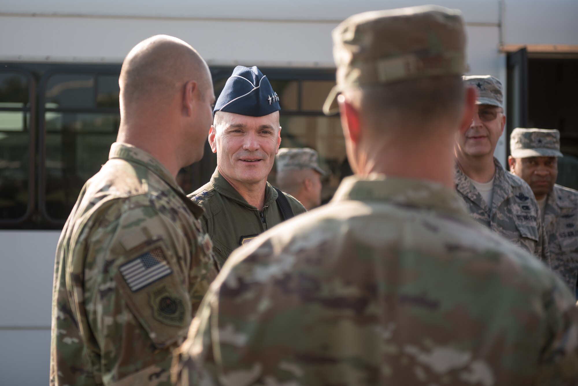 The commander of Air Mobility Command, Gen. Carlton D. Everhart II, speaks with Airmen from the 123rd Contingency Response Group during a tour of the Kentucky Air National Guard Base in Louisville, Ky., Aug. 3, 2018. The group was instrumental in hurricane recovery efforts last year. (U.S. Air National Guard photo by Airman Chloe Ochs)