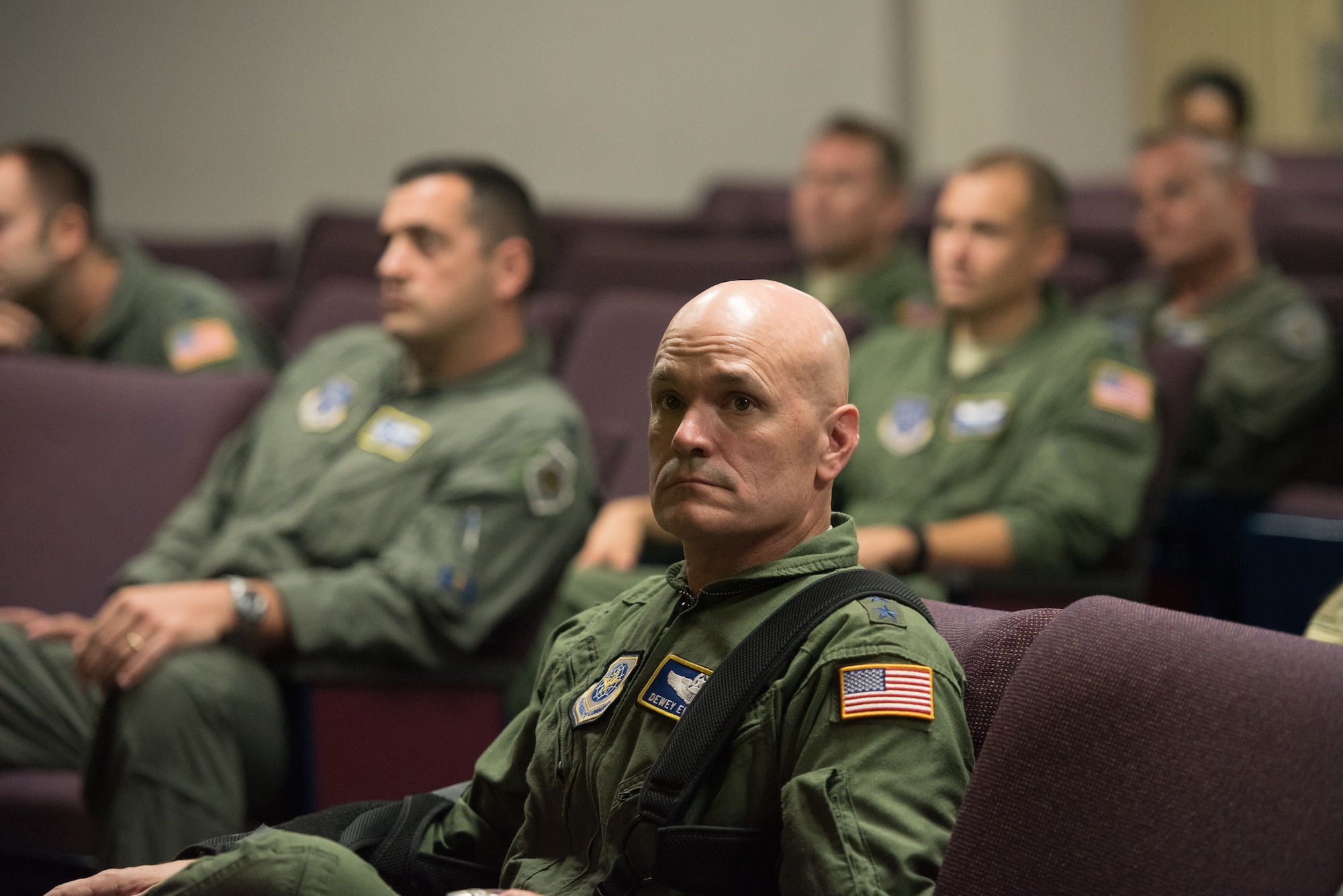The commander of Air Mobility Command, Gen. Carlton D. Everhart II, attends an operations briefing with Airmen from the 123rd Airlift Wing during a tour of the Kentucky Air National Guard Base in Louisville, Ky., Aug. 3, 2018. The wing is home to 1,200 Airmen and eight C-130H Hercules aircraft. (U.S. Air National Guard photo by Airman Chloe Ochs)