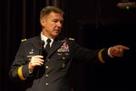 Gen. James McConville, vice chief of staff, answers questions during the 2018 International Military Ethics Symposium conference July 30.