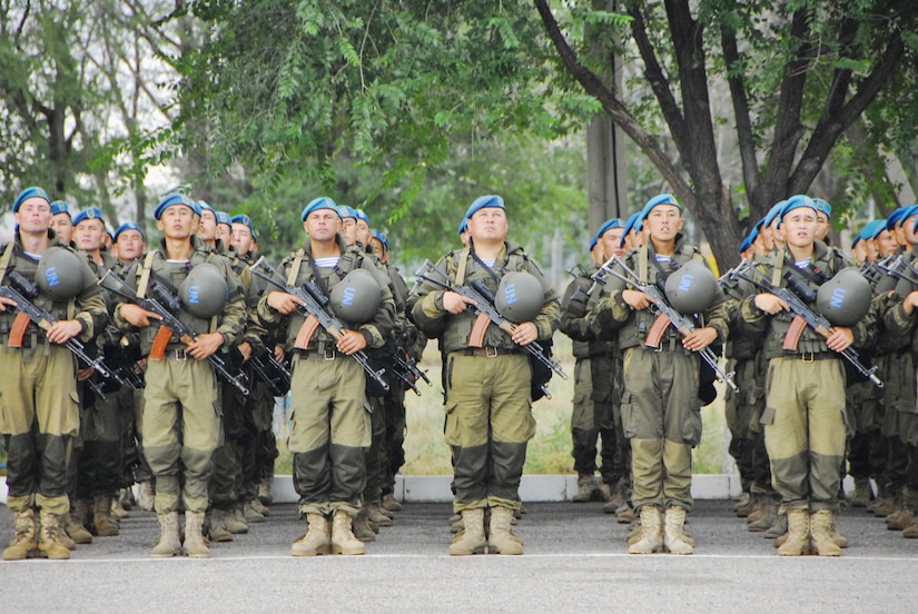 Kazakhstani soldiers stand in formation during an opening ceremony for the commencement of Steppe Eagle 2013, at the Iliskiy Training Center Aug. 10.