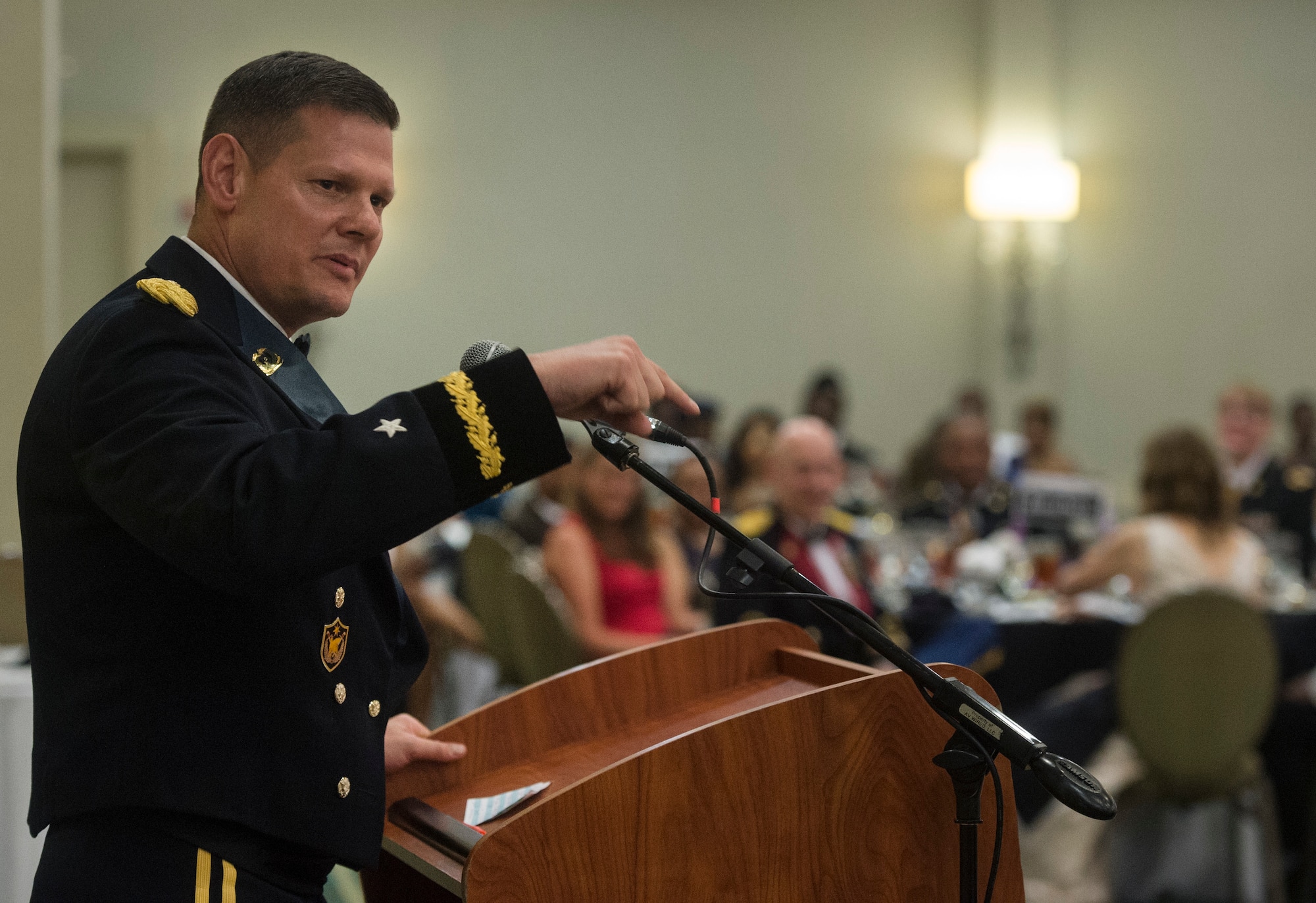 Brig. Gen. Martin Klein, Deployment Support Command commander, talks to attendees of the 1189th Transportation Surface Brigade Mardi Gras Masquerade Ball about the importance of the U.S. Army Reserve at the Crowne Plaza Charleston Airport Hotel Aug. 4, 2018, in North Charleston S.C. Klein presided over a change of command ceremony for the 1189th TSB Aug. 5, 2018, where Soldiers bid farewell to Col. Daniel Keller, 1189th TSB outgoing commander, and welcomed Col. Mark. R. McCullough, 1189th TSB incoming commander.