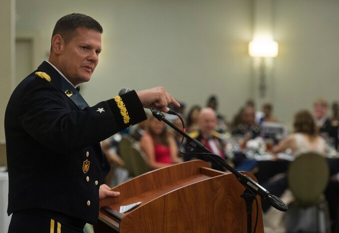 Brig. Gen. Martin Klein, Deployment Support Command commander, talks to attendees of the 1189th Transportation Surface Brigade Mardi Gras Masquerade Ball about the importance of the U.S. Army Reserve at the Crowne Plaza Charleston Airport Hotel Aug. 4, 2018, in North Charleston S.C. Klein presided over a change of command ceremony for the 1189th TSB Aug. 5, 2018, where Soldiers bid farewell to Col. Daniel Keller, 1189th TSB outgoing commander, and welcomed Col. Mark. R. McCullough, 1189th TSB incoming commander.