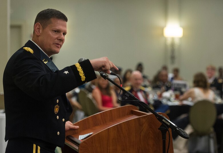 Brig. Gen. Martin Klein, Deployment Support Command commander, talks to attendees of the 1189th Transportation Surface Brigade Mardi Gras Masquerade Ball about the importance of the U.S. Army Reserve at the Crowne Plaza Charleston Airport Hotel Aug. 4, 2018, in North Charleston S.C. Klein presided over a change of command ceremony for the 1189th TSB Aug. 5, 2018, where Soldiers bid farewell to Col. Daniel Keller, 1189th TSB outgoing commander, and welcomed Col. Mark. R. McCullough, 1189th TSB incoming commander.