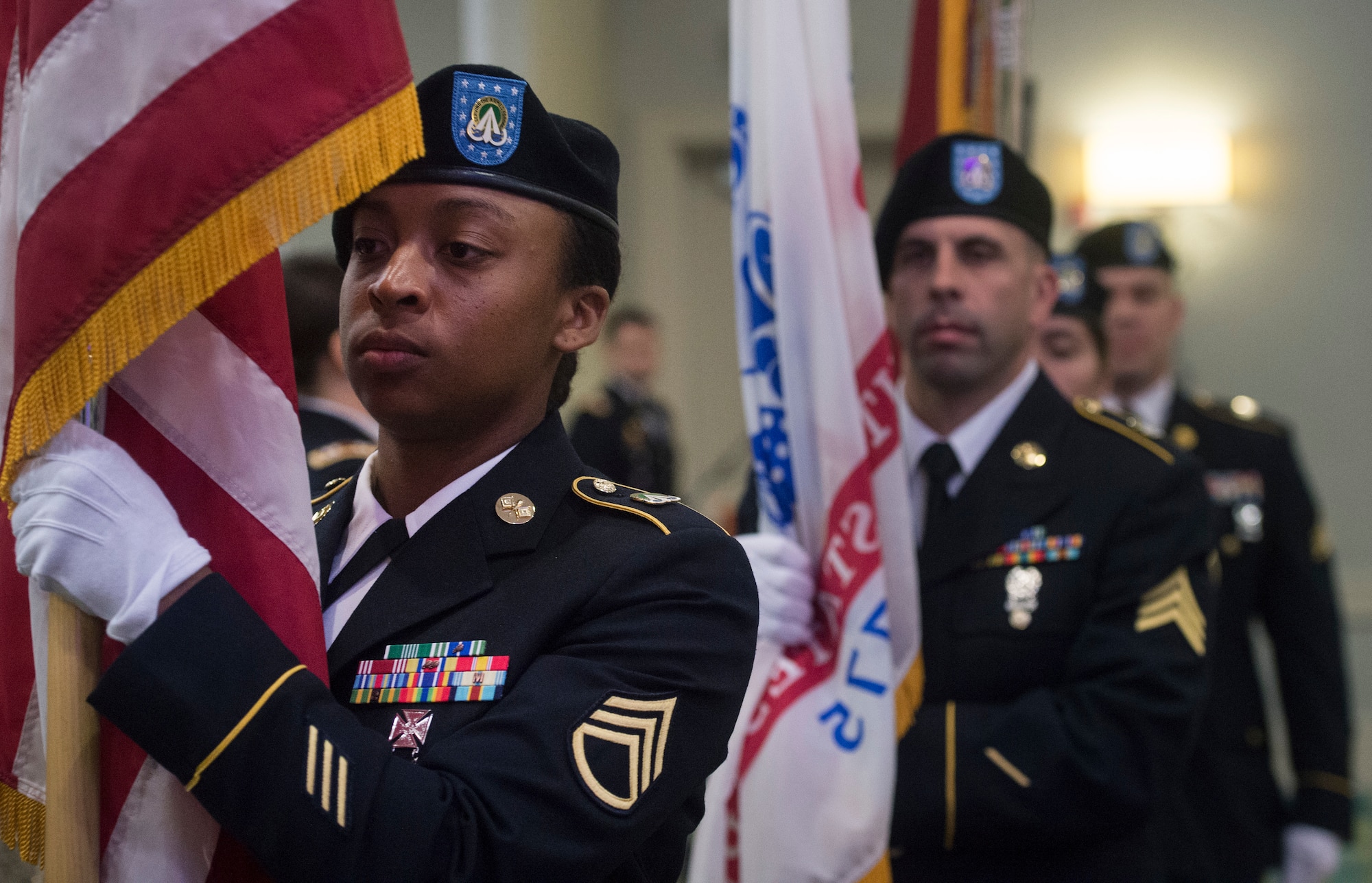 U.S. Army Soldiers retire the colors during the 1189th Transportation Surface Brigade Mardi Gras Masquerade Ball at the Crowne Plaza Charleston Airport Hotel Aug. 4, 2018, in North Charleston, S.C. Brig. Gen. Martin Klein, Deployment Support Command commander, talked about the importance of the U.S. Army Reserve as the guest speaker for the event.