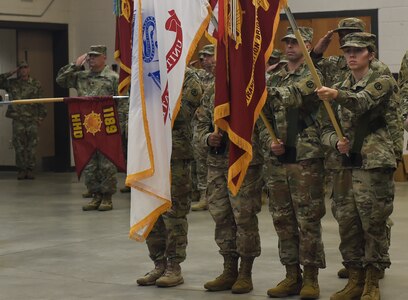 U.S. Army Soldiers from the 1189th Transportation Surface Brigade present the colors during a change of command ceremony Aug. 5, 2018, at the Thomas H. Martin Reserve Center at Joint Base Charleston - Weapons Station, S.C. During the ceremony, Col. Mark. R. McCullough assumed command from Col. Daniel A. Keller, 1189th TSB outgoing commander.