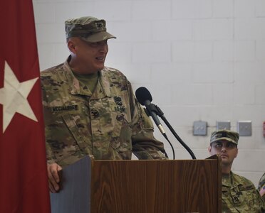 Col. Mark. R. McCullough, 1189th Transportation Surface Brigade’s incoming commander, speaks during a change of command ceremony Aug. 5, 2018, at the Thomas H. Martin Reserve Center at Joint Base Charleston - Weapons Station, S.C. McCullough assumed command from Col. Daniel A. Keller, 1189th TSB outgoing commander.