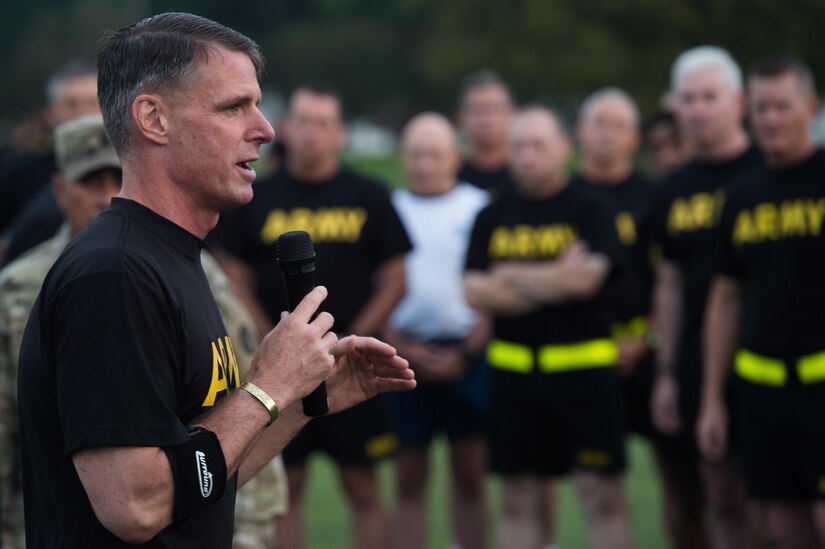 U.S. Army Maj. Gen. Malcolm Frost, Center for Initial Military Training commanding general, speaks to U.S. Army Training and Doctrine Command senior leaders before an exhibition about the new Army Combat Fitness Test at Joint Base Langley-Eustis, Va., Aug. 1, 2018.