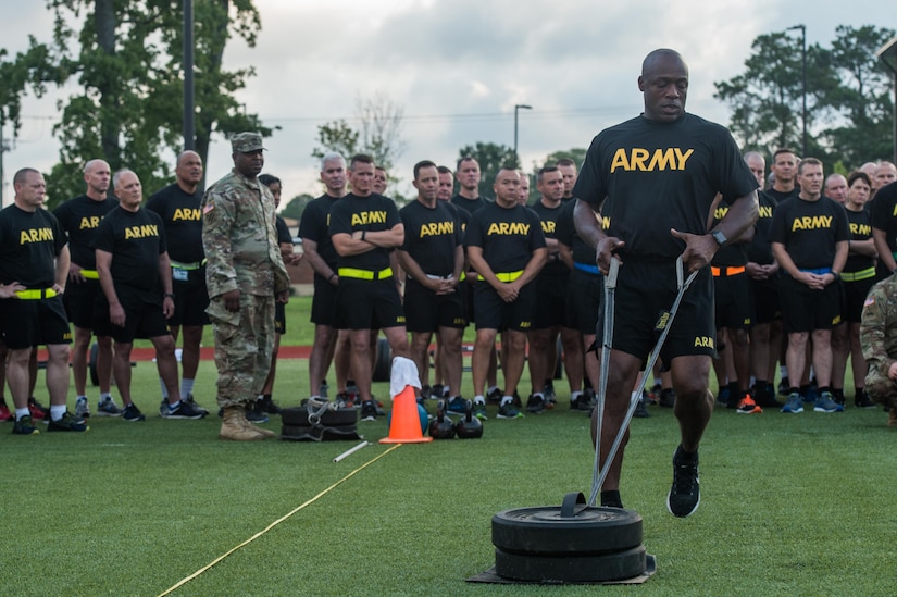U.S. Army Command Sgt. Maj. Edward Mitchell, Center for Initial Military Training Command Sergeant Major, demonstrates the sprint, drag and carry event for U.S. Army Training and Doctrine Command senior leaders at Joint Base Langley-Eustis, Va., Aug. 1, 2018.