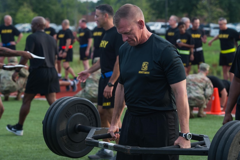 U.S. Army Command Sgt. Maj. Kenneth J. Kraus, U.S. Army Cadet Command senior enlisted advisor, practices the deadlift event during a demonstration of the new Army Combat Fitness Test at Joint Base Langley-Eustis, Va., Aug. 1, 2018.