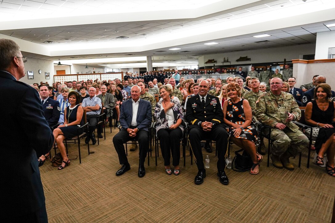 Maj. Gen. Gregory L. Ferguson, Air National Guard assistant to the commander, Air Force Special Operations Command (AFSOC), Hurlburt Field, Florida, speaks to an audience of more than 200 during his retirement ceremony at Will Rogers Air National Guard Base in Oklahoma City, Aug. 4, 2018.