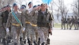 Kazakhstani soldiers march during the pass and review at the opening ceremony during Steppe Eagle 2015. In its 13th iteration, Steppe Eagle provides multilateral forces with the opportunity to promote cooperation among participating forces, practice crisis management, and enhance readiness through realistic, modern-day interactive scenarios.
