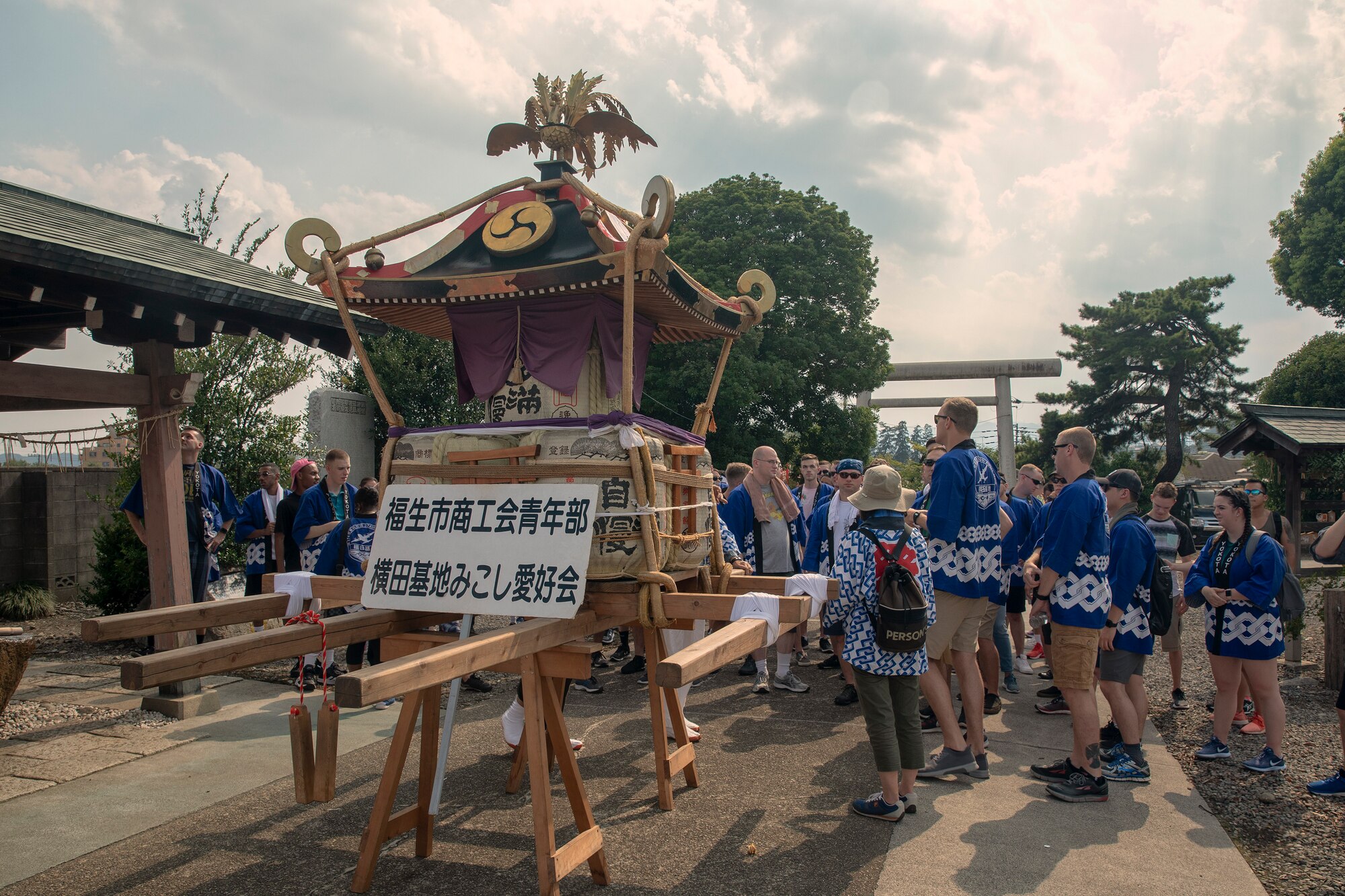 The 374th Airlift Wing's official mikoshi shrine sits on the Shinmeisha Shrine at Fussa City, Japan, Aug. 3, 2018, during the 68th Annual Fussa Tanabata Festival