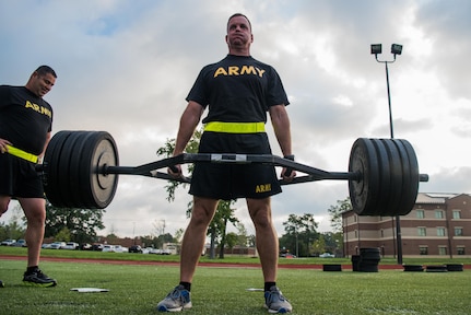 A U.S. Army Training and Doctrine Command senior leader participates in the strength deadlift during an exhibition of the new Army Combat Fitness Test at Joint Base Langley-Eustis, Va., Aug. 1, 2018.