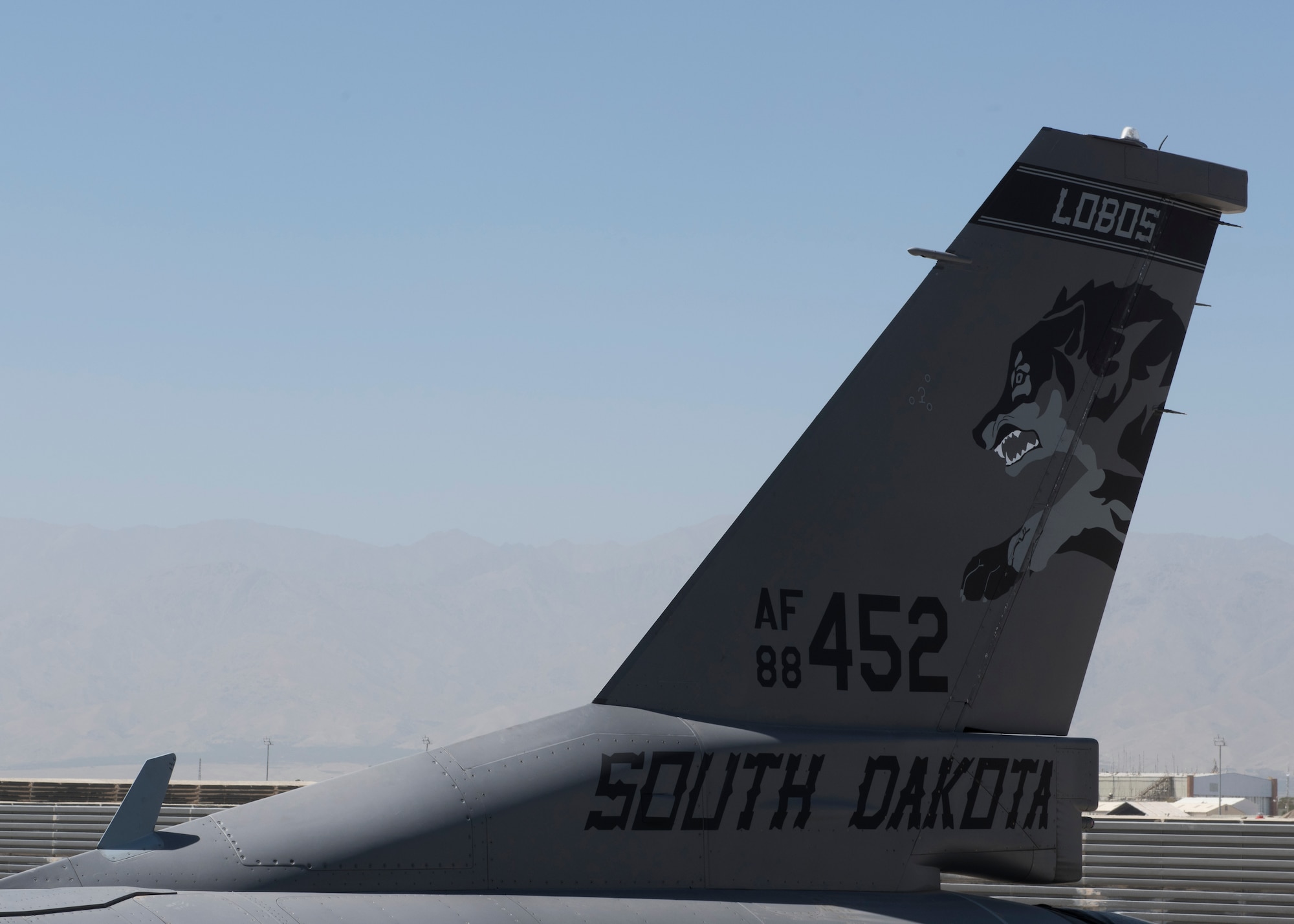 An F-16 Fighting Falcon from the 175th Expeditionary Fighter Squadron, South Dakota Air National Guard, sits on the ramp at Bagram Airfield, Afghanistan, August 5, 2018. The 175th EFS are deployed from the 114th Fighter Wing, Joe Foss Field, Sioux Falls, in support of combat operations in Afghanistan. (U.S. Air Force photo by Tech. Sgt. Eugene Crist)