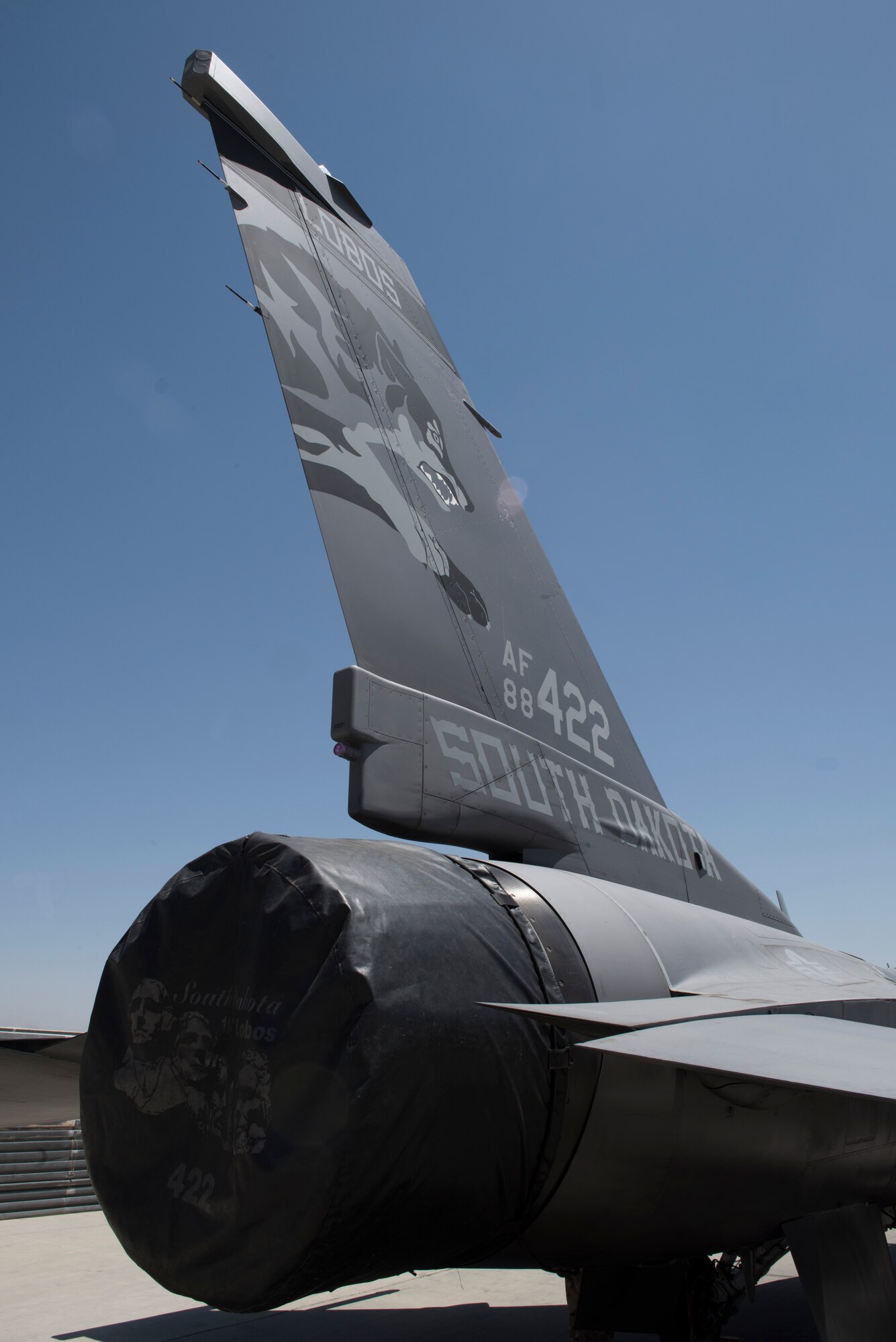 An F-16 Fighting Falcon from the 175th Expeditionary Fighter Squadron, South Dakota Air National Guard, sits on the ramp at Bagram Airfield, Afghanistan, August 5, 2018. The 175th EFS are deployed from the 114th Fighter Wing, Joe Foss Field, Sioux Falls, in support of combat operations in Afghanistan. (U.S. Air Force photo by Tech. Sgt. Eugene Crist)