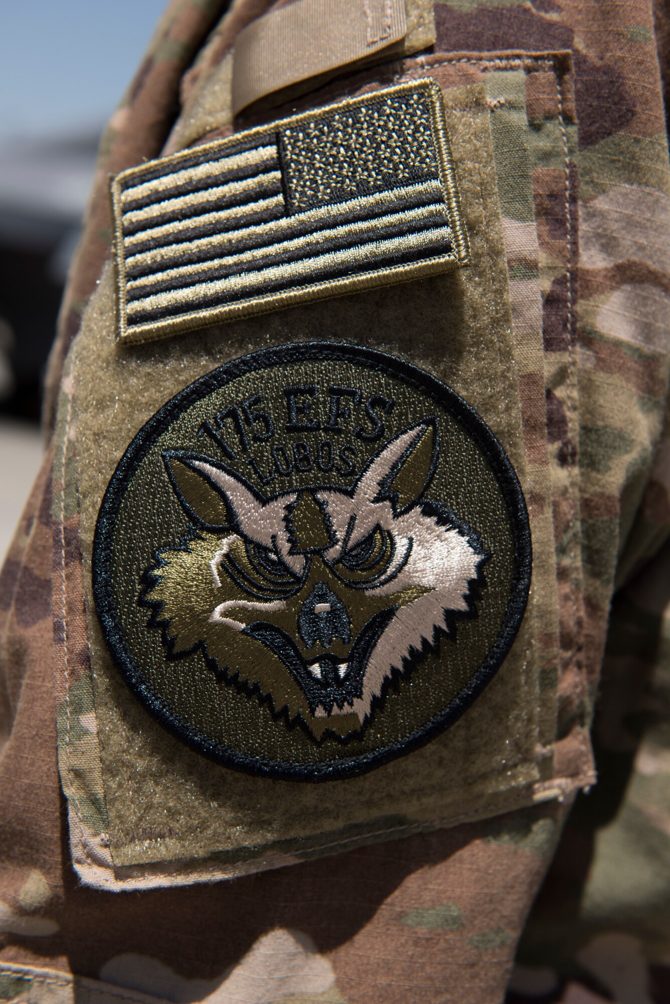 An airman from the 175th Expeditionary Fighter Squadron, South Dakota Air National Guard, wears the unit patch on his uniform while deployed to Bagram Airfield, Afghanistan, August 5, 2018. The 175th EFS are deployed from the 114th Fighter Wing, Joe Foss Field, Sioux Falls, in support of combat operations in Afghanistan. (U.S. Air Force photo by Tech. Sgt. Eugene Crist)