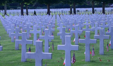 Gravestones of some of the 6,012 American buried at the Oise-Aisne American Cemetery in Seringes et Nesles, France.Air Force Gen. Joseph Lengyel, the chief of the National Guard Bureau, visited to honor the dead here.