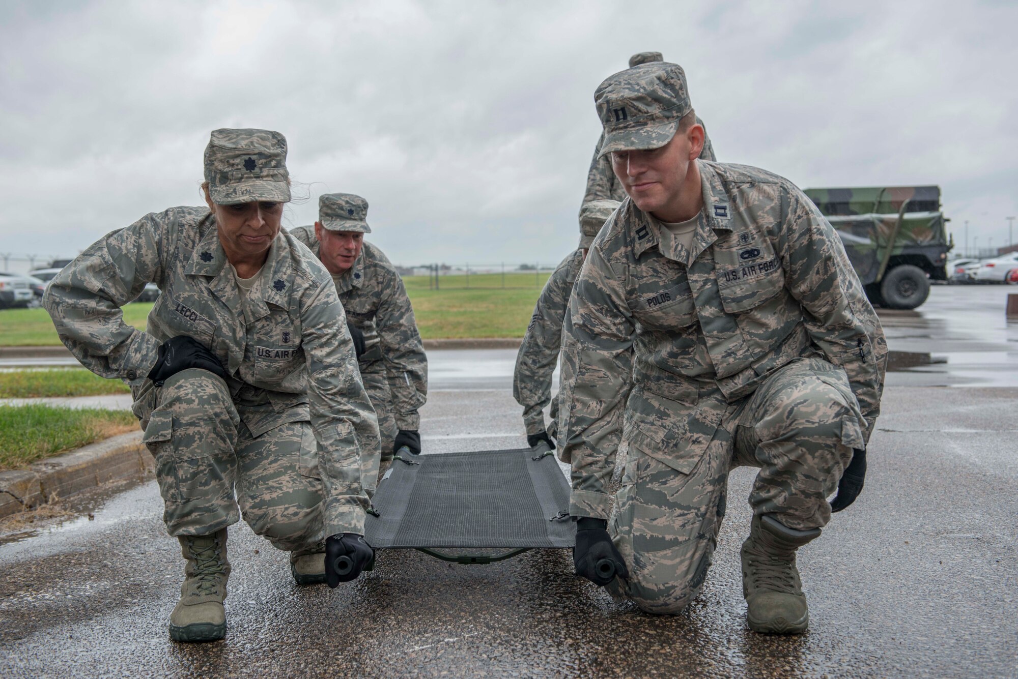 Members of the 934th Aeromdical Staging Squadron train to transport medical patients on litters during the August UTA. (Air Force Photo/Tech. Sgt. Amber E.N. Jacobs)