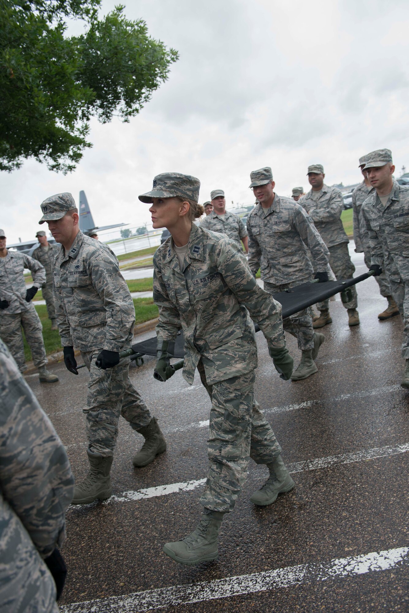 Members of the 934th Aeromdical Staging Squadron train to transport medical patients on litters during the August UTA. (Air Force Photo/Tech. Sgt. Amber E.N. Jacobs)