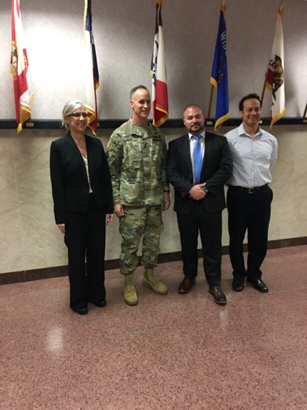 Leadership development program participants Daryl Puffinburger and Peter DeMattei pose with Maj. Gen. Michael Wehr, USACE Deputy Commanding General, during a visit to Headquarters USACE in Washington, D.C. Daniel Rivera is far right.
