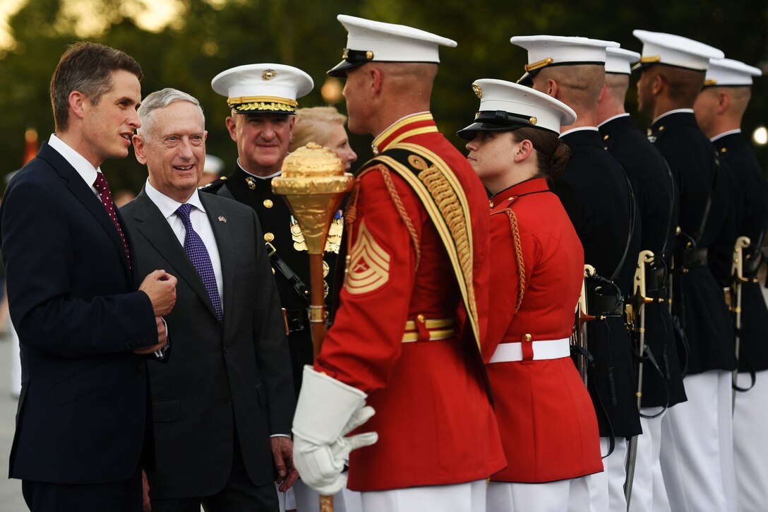 Defense Secretary James N. Mattis and British Defense Secretary Gavin Williamson speak to Marines.