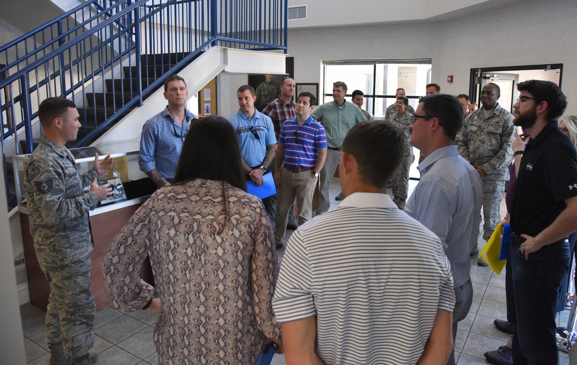 U.S. Air Force Tech. Sgt. Zachary Bartlett, 81st Training Group military training leader, briefs congressional staffers on the Levitow Training Support Facility functions used by the Airmen in the 81st TRG on Keesler Air Force Base, Mississippi, Aug. 6, 2018. The staffers visited Keesler from the offices of Senators Roger Wicker and Cindy Hyde-Smith and Congressman Trent Kelly to receive an overview of the 81st Training Wing to identify areas which could use congressional support. (U.S. Air Force photo by Kemberly Groue)