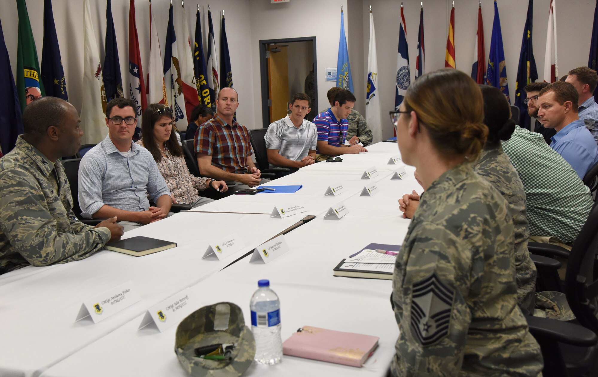 U.S. Air Force Col. Leo Lawson, Jr., 81st Training Group commander, briefs congressional staffers on training innovation projects at the Levitow Training Support Facility on Keesler Air Force Base, Mississippi, Aug. 6, 2018. The staffers visited Keesler from the offices of Senators Roger Wicker and Cindy Hyde-Smith and Congressman Trent Kelly to receive an overview of the 81st Training Wing to identify areas which could use congressional support. (U.S. Air Force photo by Kemberly Groue)