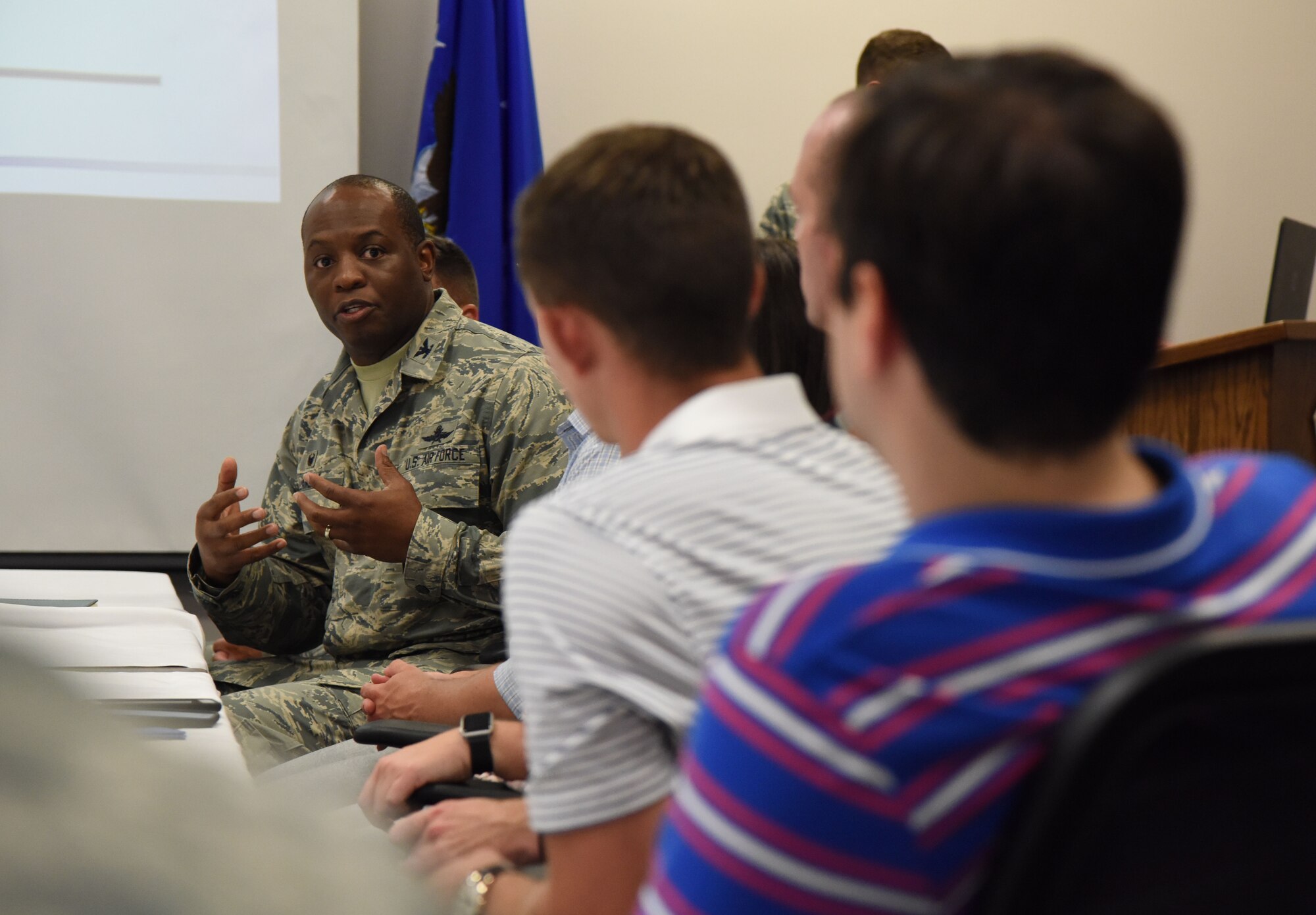 U.S. Air Force Col. Leo Lawson, Jr., 81st Training Group commander, briefs congressional staffers on training innovation projects at the Levitow Training Support Facility on Keesler Air Force Base, Mississippi, Aug. 6, 2018. The staffers visited Keesler from the offices of Senators Roger Wicker and Cindy Hyde-Smith and Congressman Trent Kelly to receive an overview of the 81st Training Wing to identify areas which could use congressional support. (U.S. Air Force photo by Kemberly Groue)
