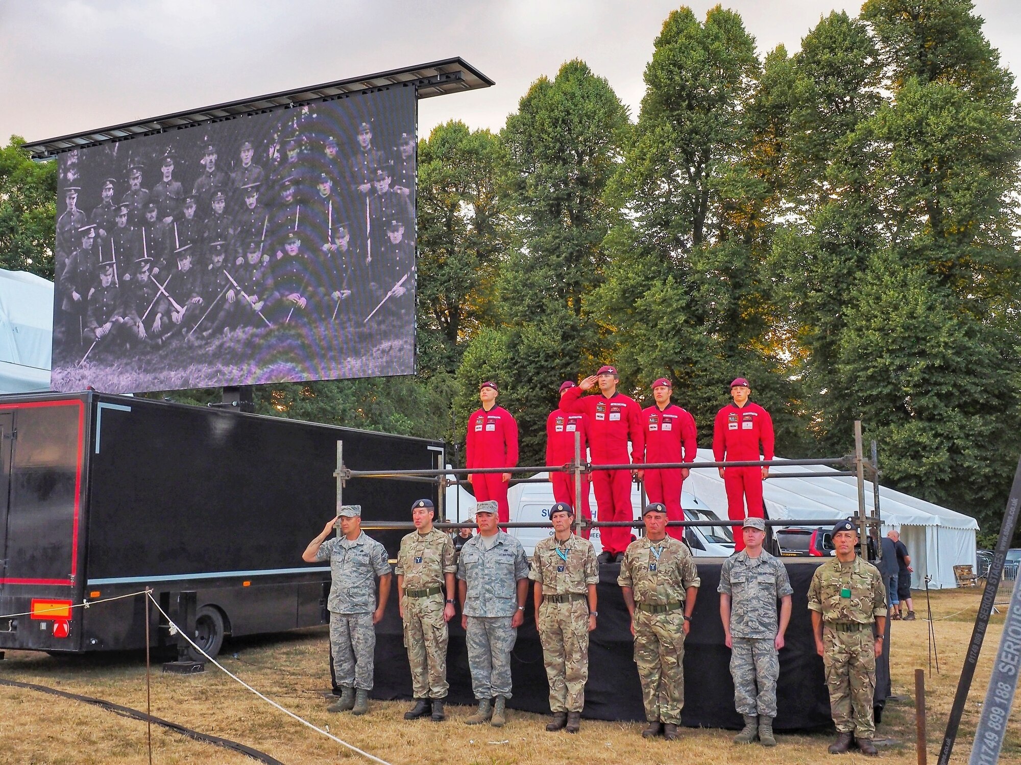 U.S. Air Force Staff Sgt. Jason Chipley, 145th Logistics Readiness Squadron, stands at attention along with members from the United States Air Force Reserves and Royal Air Force during Battle Proms at Hatfield Park, Hatfield, United Kingdom, July 14, 2018. The Military Reserve Exchange Program not only allows military members to learn and exchange ideas about their respective career fields, but it also provides the opportunity to be immersed in the host country’s culture.