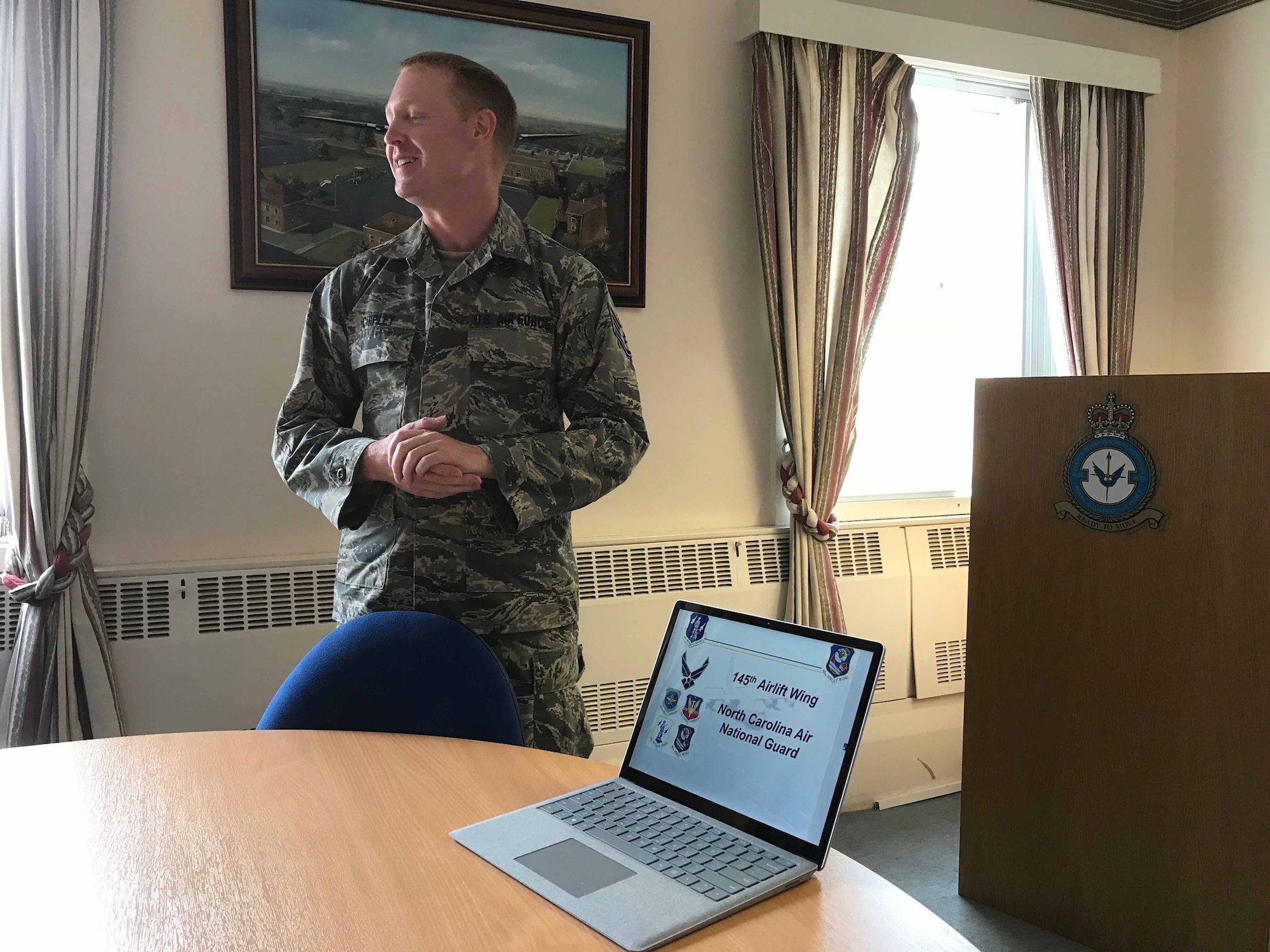 U.S. Air Force Staff Sgt. Jason Chipley, 145th Logistics Readiness Squadron, presents a briefing about the North Carolina Air National Guard to the 4624 Squadron Royal Air Force Reserves, Oxfordshire, United Kingdom, July 19, 2018. The Military Reserve Exchange Program provides National Guard and Reserve Participants training associated with mobilization duties while enhancing their ability to work and communicate with military individuals of the host nation.