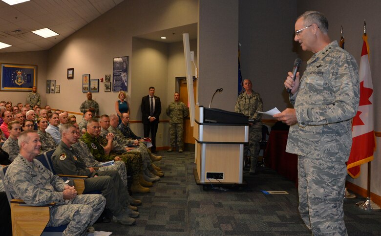 Lt. Gen. R. Scott Williams, Commander, 1st Air Force (Air Forces Northern) – Continental U.S. NORAD Region, Tyndall Air Force Base, Fla., makes introductory remarks for the “All Call” of Gen. Terrence O’Shaugnessy, newly-assigned commander of NORAD and U.S. Northern Command. O’Shaughnessy, who visited 1st AF (ANORTH) – CONR Aug. 1-2, shared his priorities and thanked members of the enterprise for their consistent professionalism and dedication to the homeland-defense mission. (Air Force photo by Mary McHale)