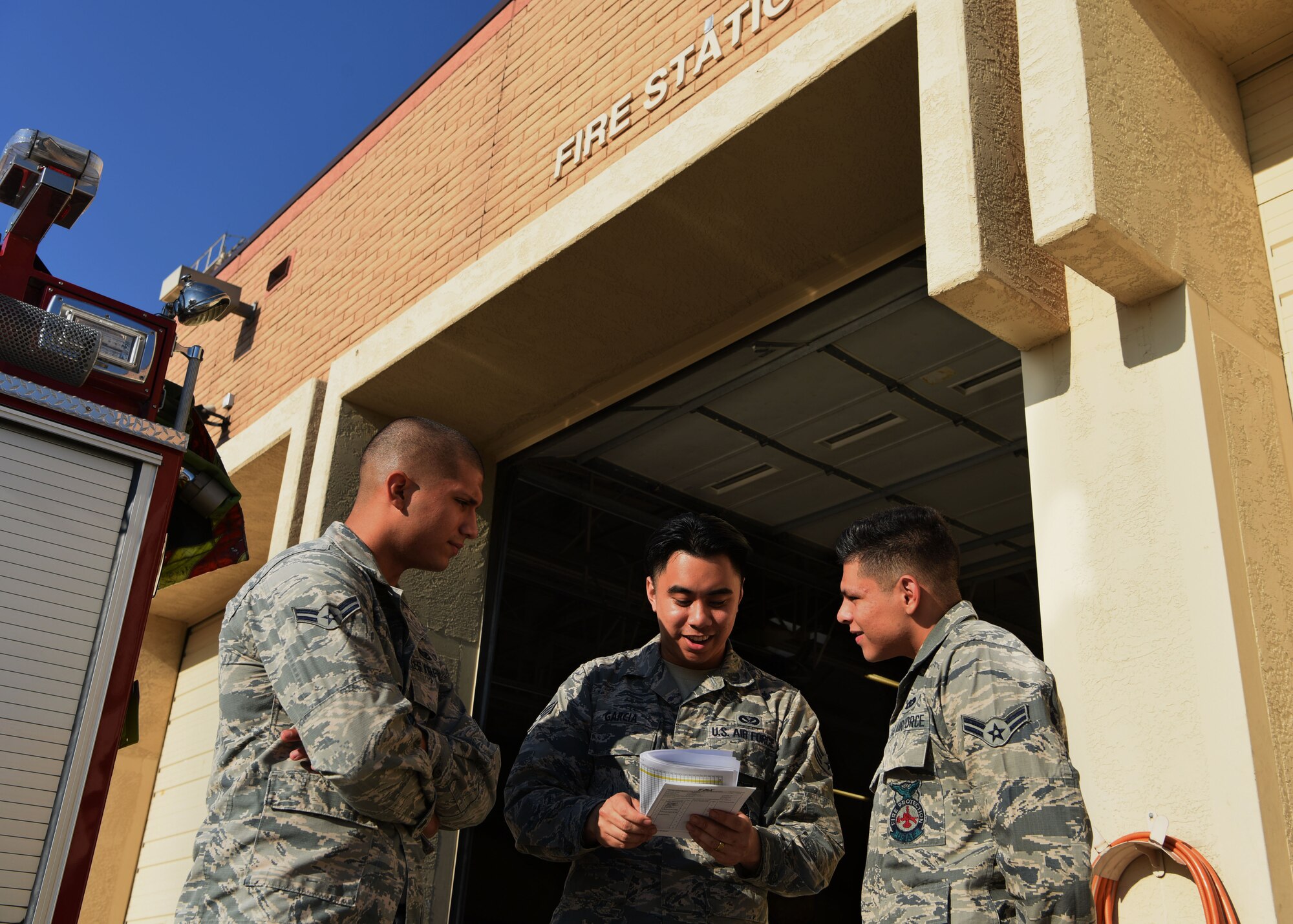 56th Civil Engineer Squadron firefighters review a safety checklist Aug. 6, 2018, at Luke Air Force Base, Ariz.