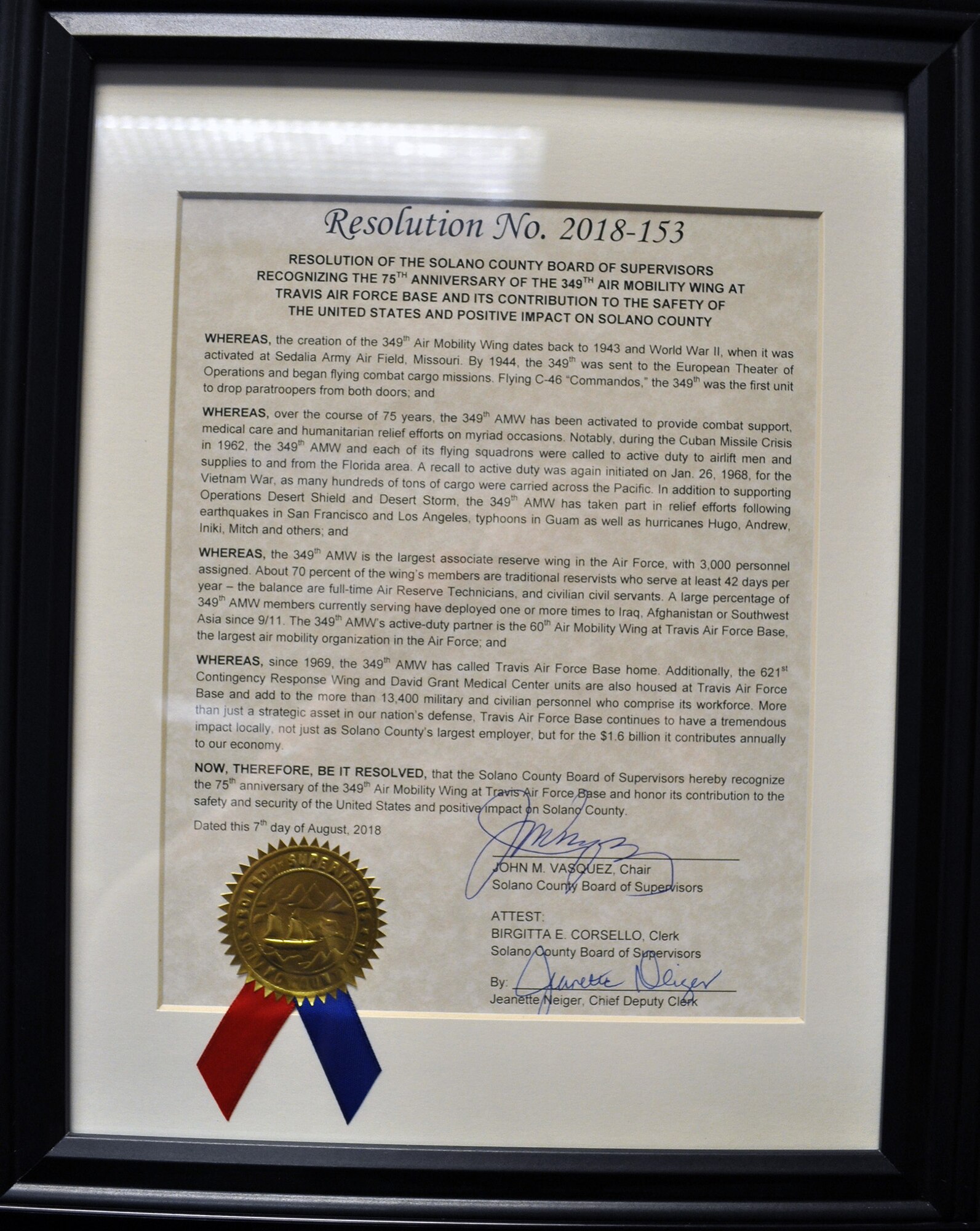 The Solano County Board of Supervisors honored the 349th Air Mobility Wing August 7, 2018.