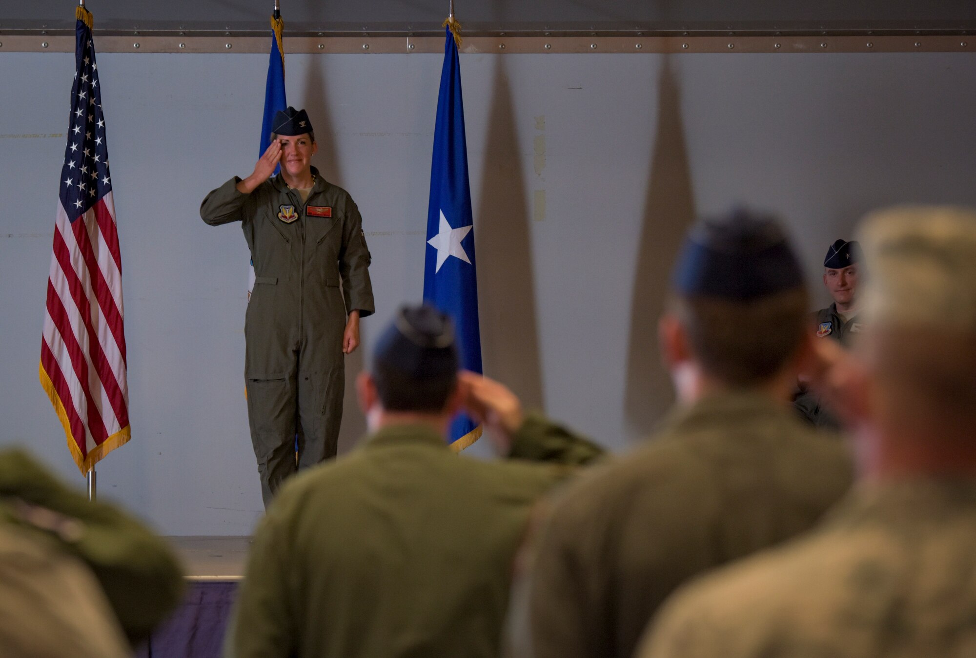 Col. Samantha Weeks, 57th Adversary Tactics Group outgoing commander, renders a final salute during a change of command ceremony at Nellis Air Force Base, Nevada, Aug. 3, 2018. Weeks was the 57th ATG commander for nearly two years. (U.S. Air Force photo by Airman 1st Class Andrew D. Sarver)