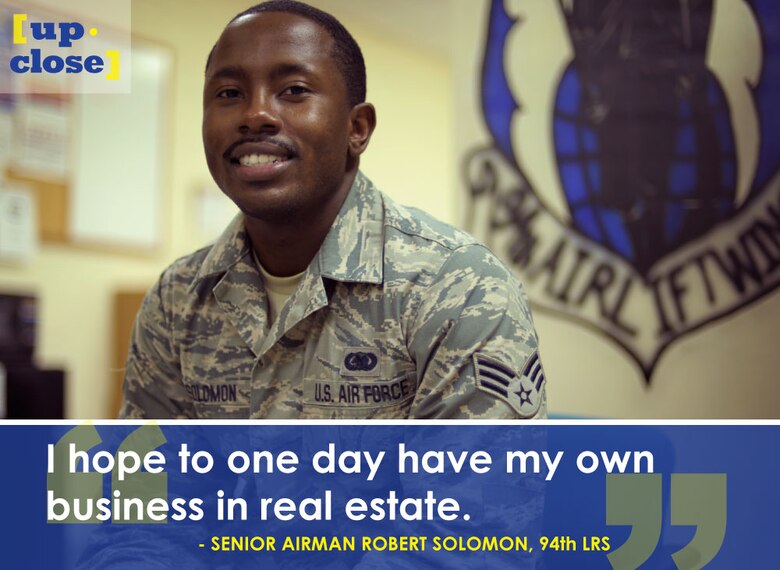 This week’s Up Close features Senior Airman Robert Solomon, a 94th Logistics Readiness Squadron material manager. Up Close is a series spotlighting individuals around Dobbins Air Reserve Base. (U.S. Air Force graphic/Staff Sgt. Andrew Park; photo/Staff Sgt. Miles Wilson)