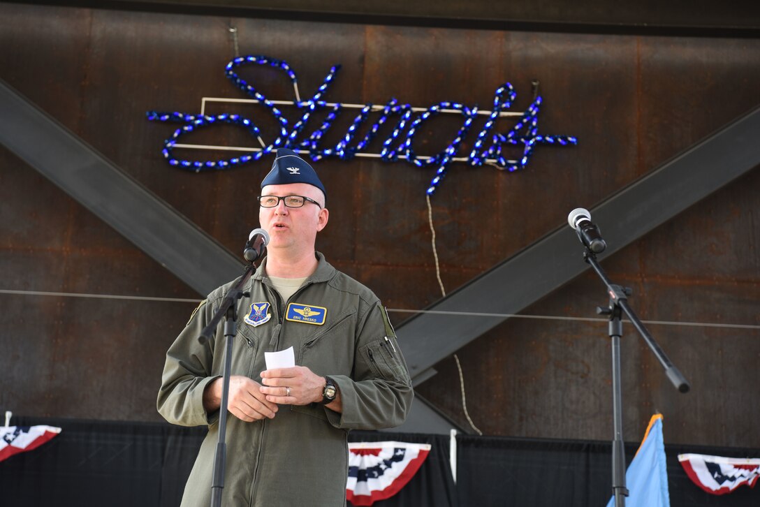 Col. Eric Hresko, the 28th Bomb Wing vice commander, addresses the crowd during a Veterans Appreciation Day event in Sturgis, S.D., Aug. 7, 2018. Every first Tuesday of the Sturgis Motorcycle Rally is Military Appreciation Day, which honors all who have served and those who continue to serve in the U.S. military. (U.S. Air Force photo by Airman 1st Class Thomas Karol)