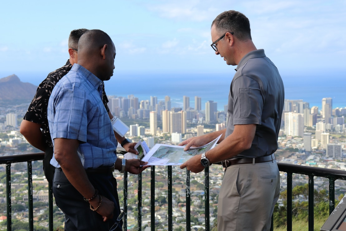 James Dalton, SES Director, USACE Civil Works visited various Oahu Civil Works Projects Aug. 8, 2018, discussing topics like existing site conditions for detention basins associated with the Ala Wai Canal Project and the importance of Honolulu Harbor to the State economy and view the harbor. Leading the visit was Michael Wyatt, Chief, Civil, and Public Works Branch, Programs and Project Management Division, Jeff Herzog, Project Manager, and Nani Shimabuku, Operations and Maintenance Program Manager.