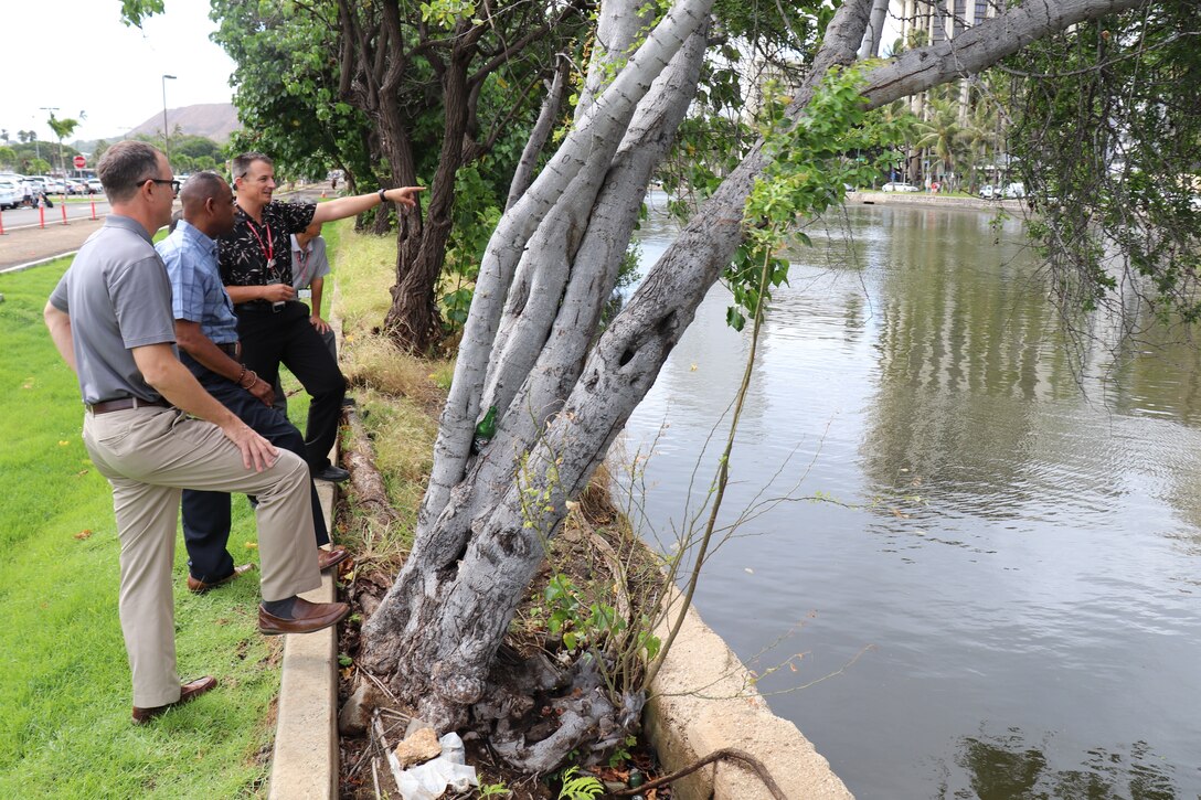 James Dalton, SES Director, USACE Civil Works visited various Oahu Civil Works Projects Aug. 8, 2018, discussing topics like existing site conditions for detention basins associated with the Ala Wai Canal Project and the importance of Honolulu Harbor to the State economy and view the harbor. Leading the visit was Michael Wyatt, Chief, Civil, and Public Works Branch, Programs and Project Management Division, Jeff Herzog, Project Manager, and Nani Shimabuku, Operations and Maintenance Program Manager