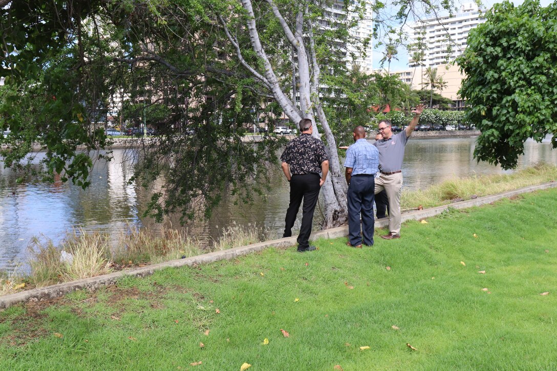 James Dalton, SES Director, USACE Civil Works visited various Oahu Civil Works Projects Aug. 8, 2018, discussing topics like existing site conditions for detention basins associated with the Ala Wai Canal Project and the importance of Honolulu Harbor to the State economy and view the harbor. Leading the visit was Michael Wyatt, Chief, Civil, and Public Works Branch, Programs and Project Management Division, Jeff Herzog, Project Manager, and Nani Shimabuku, Operations and Maintenance Program Manager