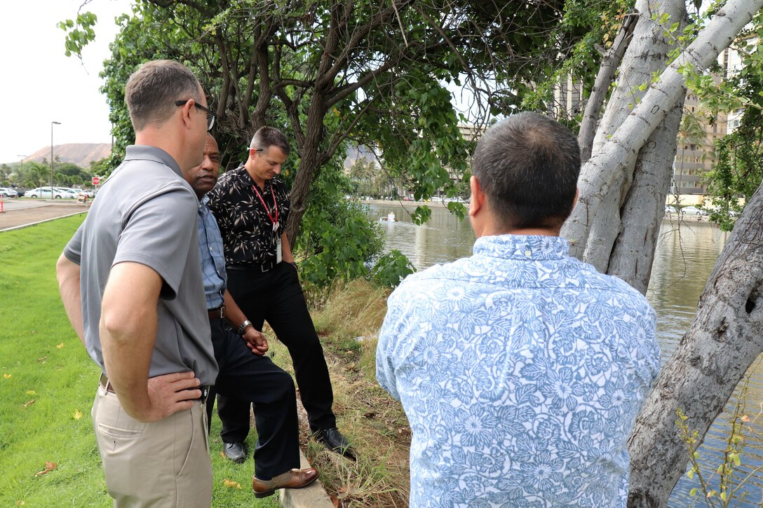 James Dalton, SES Director, USACE Civil Works visited various Oahu Civil Works Projects Aug. 8, 2018, discussing topics like existing site conditions for detention basins associated with the Ala Wai Canal Project and the importance of Honolulu Harbor to the State economy and view the harbor. Leading the visit was Michael Wyatt, Chief, Civil, and Public Works Branch, Programs and Project Management Division, Jeff Herzog, Project Manager, and Nani Shimabuku, Operations and Maintenance Program Manager