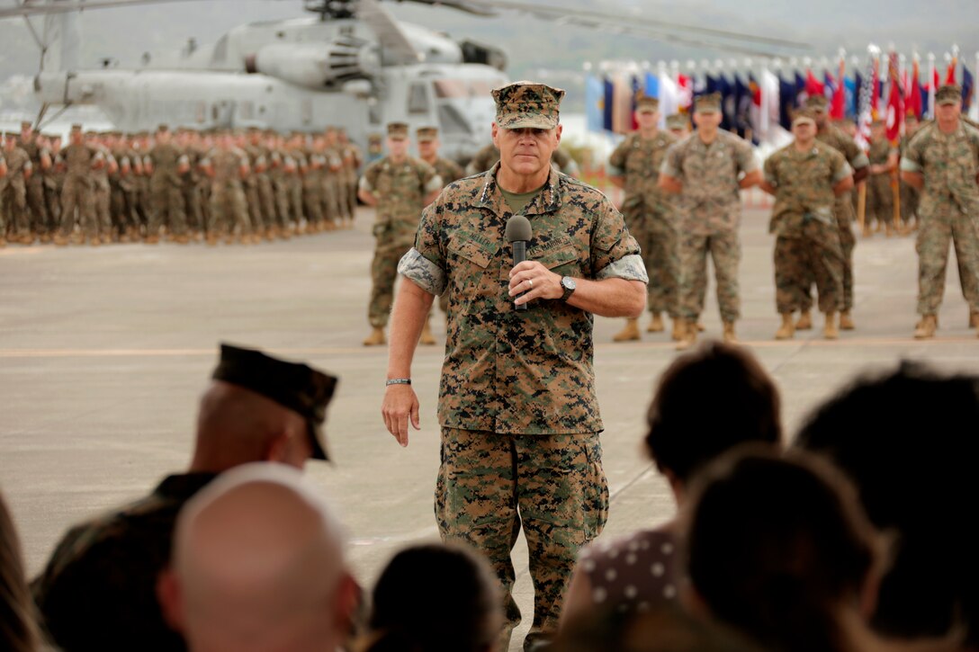 Commandant of the Marine Corps Gen. Robert B. Neller speaks during the U.S. Marine Corps Forces, Pacific change of command ceremony at Marine Corps Base Hawaii, Aug. 8, 2018. During the ceremony, Lt. Gen. David H. Berger relinquished command to Lt. Gen. Lewis A. Craparotta.