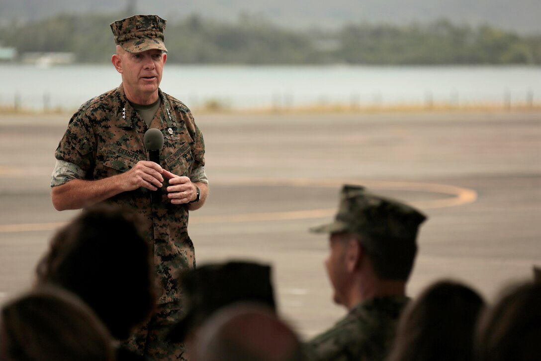 U.S. Marine Corps Lt. Gen. David H. Berger, outgoing commander, U.S. Marine Corps Forces, Pacific, speaks during a change of command ceremony at Marine Corps Base Hawaii, Aug. 8, 2018. During the ceremony, Berger relinquished command to Lt. Gen. Lewis A. Craparotta. The change of command ceremony represents the transfer of responsibility and authority over MARFORPAC between commanders.